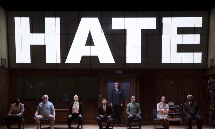 The cast of the stage adaptation of “1984,” now at the Hudson Theatre. The citizens of this dystopian world are subjected to doublespeak, in which black equals white and hate equals love. (Julieta Cervante)