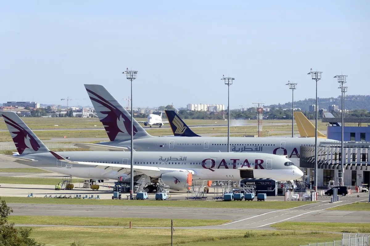 Two Airbus A350 and A380 are pictured at the Airbus delivery site on Sept. 25, 2015 in Blagnac, before their delivery to Qatar.  (REMY GABALDA/AFP/Getty Images)