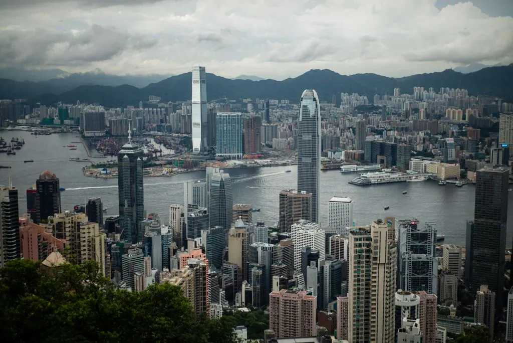 Victoria Harbor and the skylines of the Kowloon district (background) and Hong Kong island (foreground) on July 3, 2017. (ANTHONY WALLACE/AFP/Getty Images)