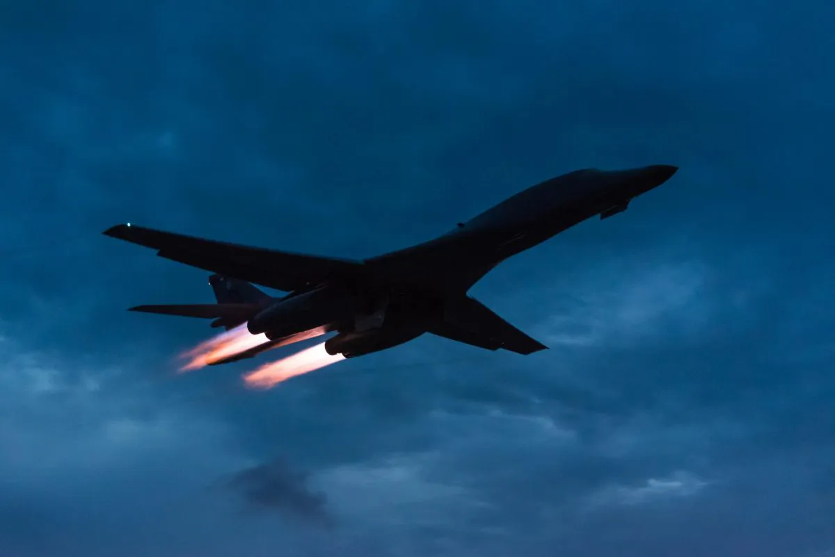 A U.S. Air Force B-1B Lancer assigned to the 9th Expeditionary Bomb Squadron, deployed from Dyess Air Force Base, Texas, takes off from Andersen Air Force Base, Guam to fly a bilateral mission with two Japan Air Self-Defense Force F-15’s over the East China Sea, July 6, 2017. (U.S. Air Force photo by Airman 1st Class Jacob Skovo)