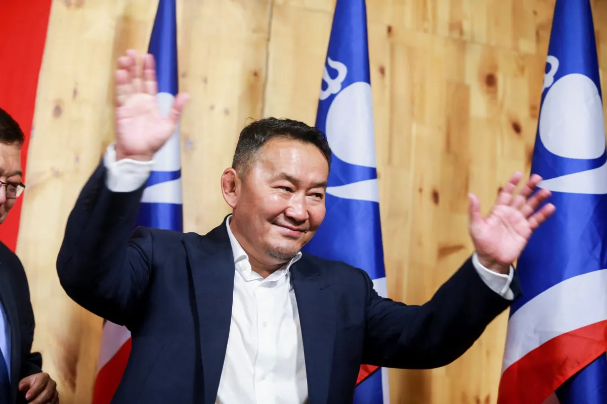 Khaltmaa Battulga, from the main opposition Democratic Party (DP), arrives to a press conference after he won the presidential election in Ulan Bator on July 8, 2017. (Byambasuren Byamba-Ochir/AFP/Getty Images)