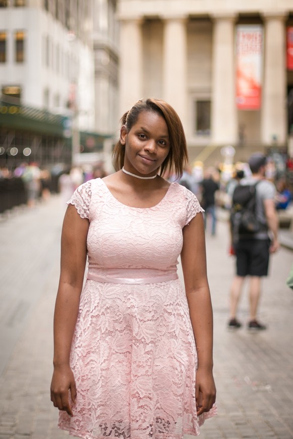 Adama Lee Bah, 22, in the Financial District of Manhattan on June 26. (Benjamin Chasteen/The Epoch Times)