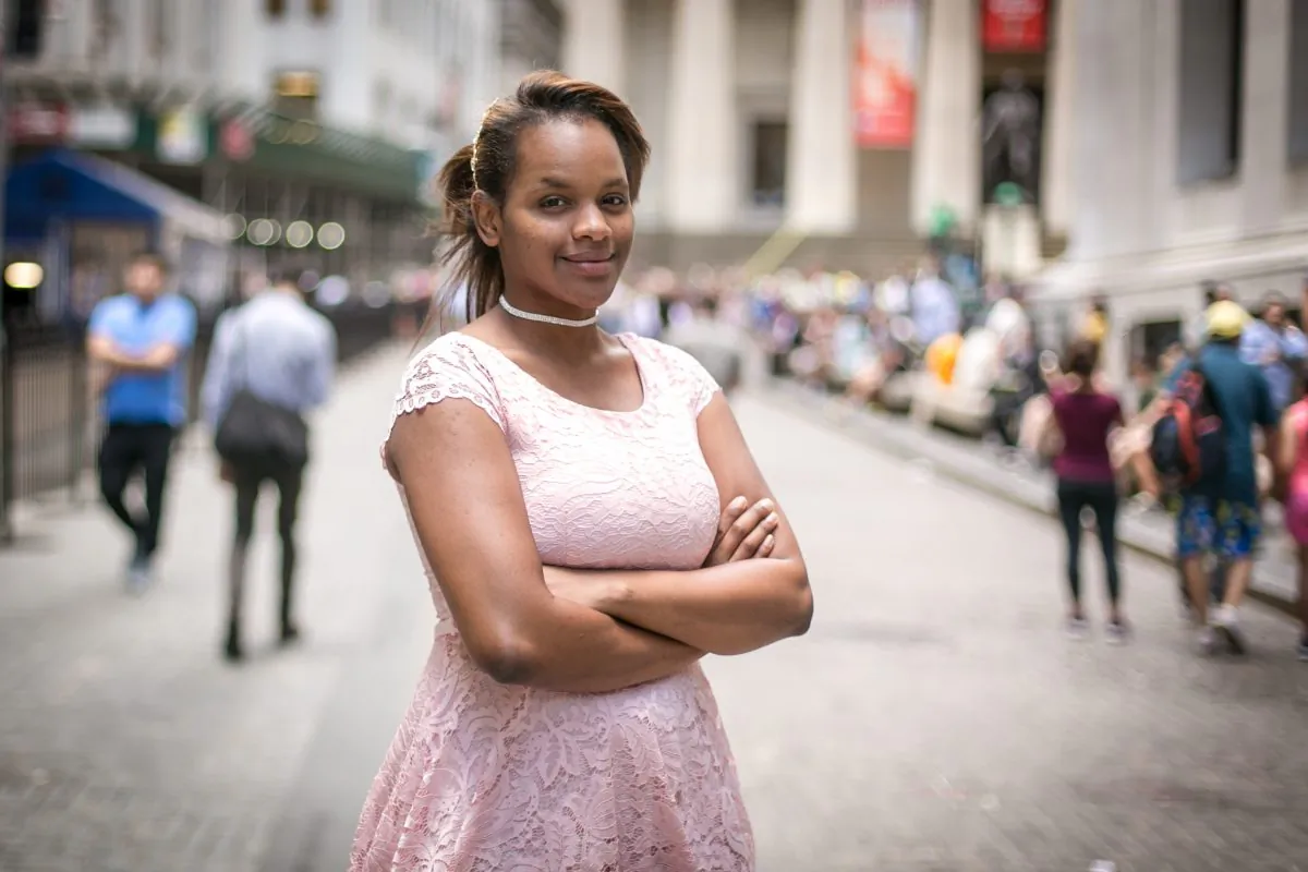 Adama Lee Bah, 22, in the Financial District of Manhattan on June 26, 2017. Bah, originally from Guinea, was 7 when she was forced to undergo female genital mutilation and she now works to help end the practice. (Benjamin Chasteen/The Epoch Times