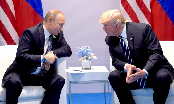 US President Donald Trump and Russia's President Vladimir Putin hold a meeting on the sidelines of the G20 Summit in Hamburg, Germany, on July 7, 2017. (Saul Loeb/AFP/Getty Images)
