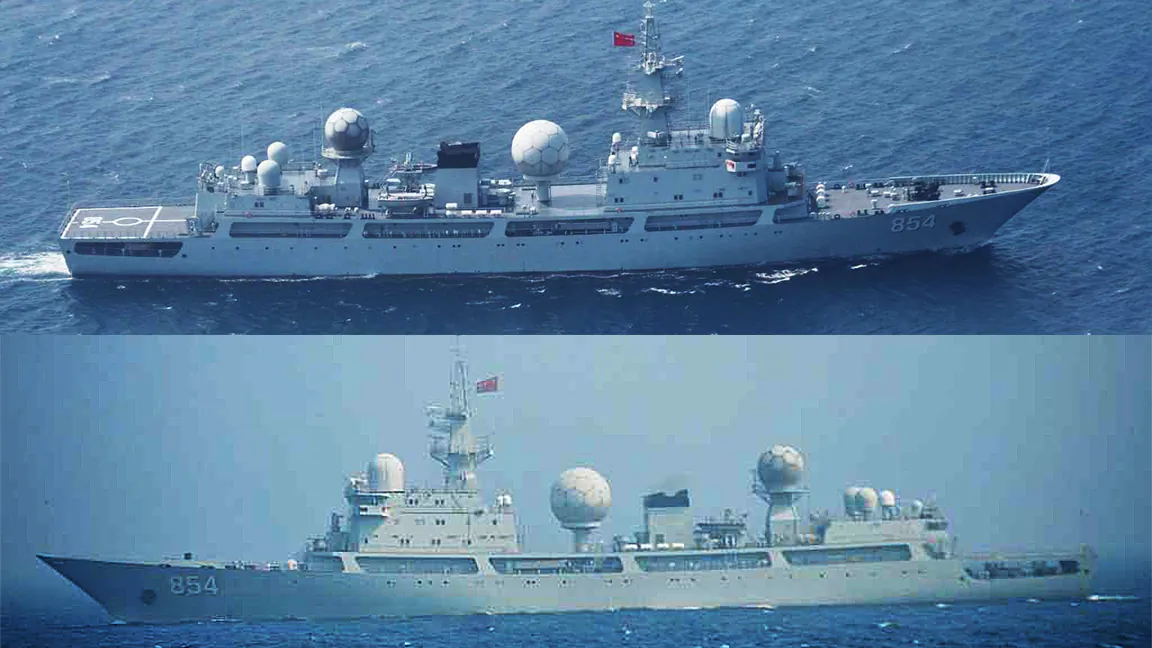 The Tianlangxing, a Chinese People’s Liberation Army-Navy Type 815 Dongdiao-class auxiliary general intelligence ship, passed through the Tsugaru Strait off the coast of Japan on July 2, and stayed off the Alaskan coast during the July 11th test of a U.S. missile defence system. (Courtesy Japanese Ministry of Defence)