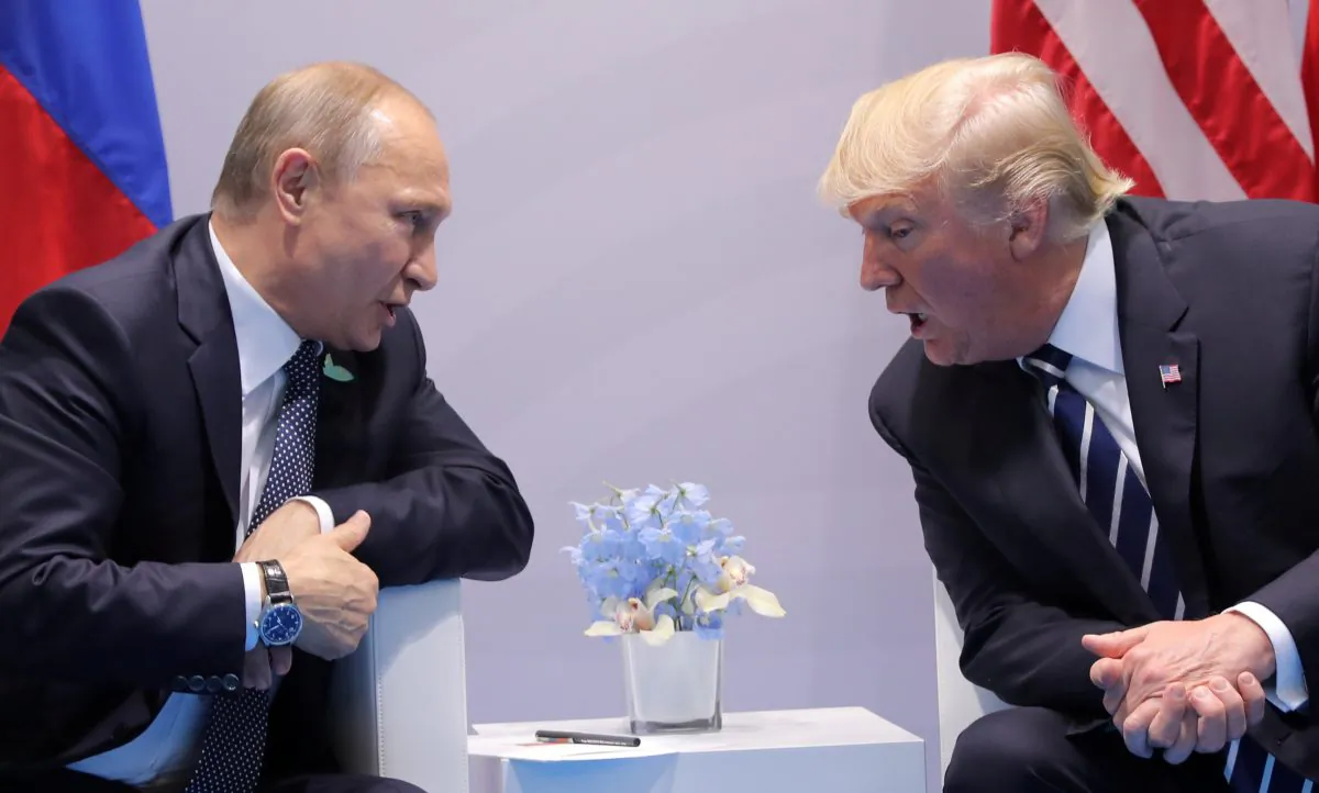 President Donald Trump speaks with Russian President Vladimir Putin during the their bilateral meeting at the G20 summit in Hamburg, Germany on July 7, 2017. (REUTERS/Carlos Barria)