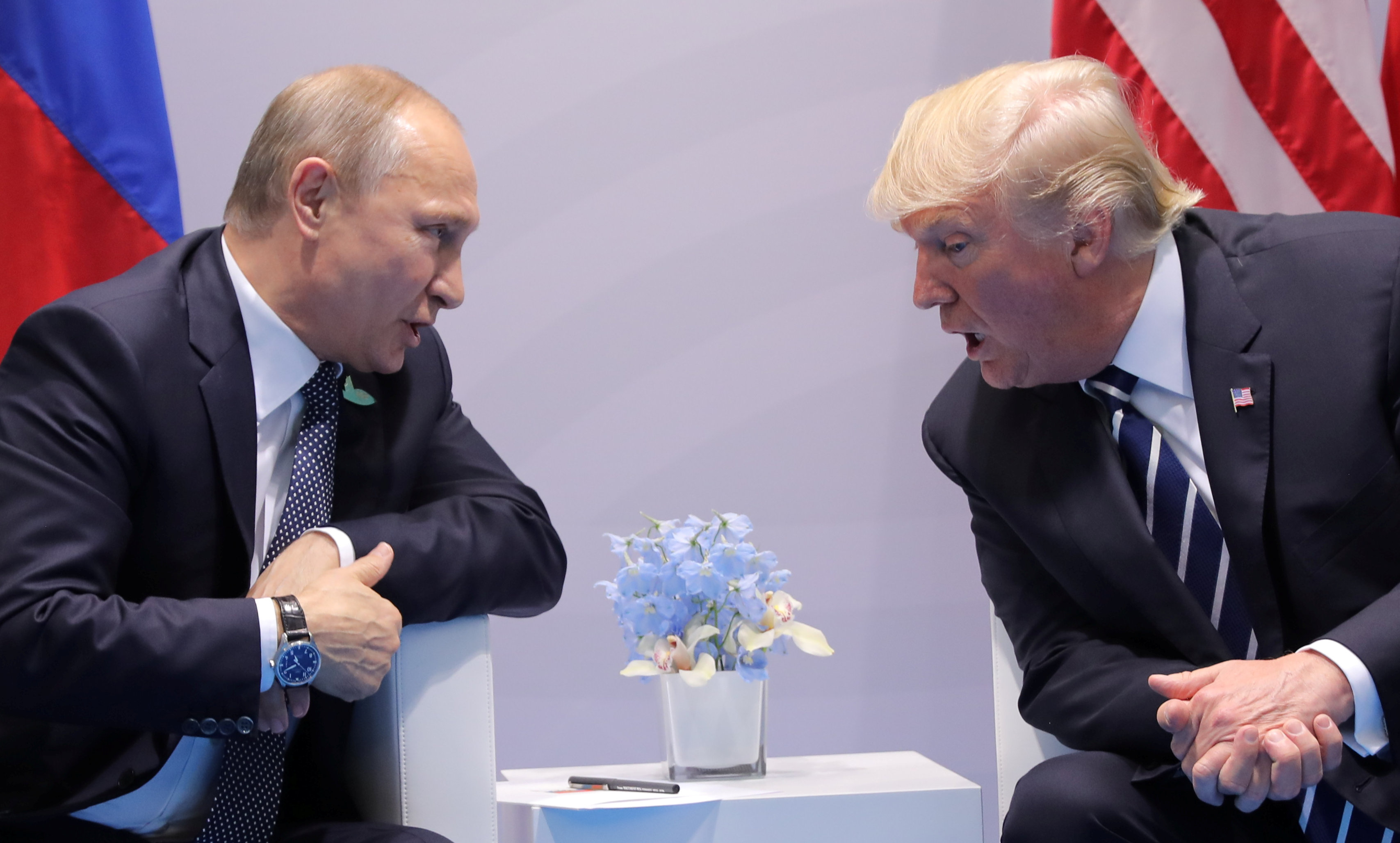 President Donald Trump speaks with Russian President Vladimir Putin during the their bilateral meeting at the G20 summit in Hamburg, Germany on July 7, 2017. (REUTERS/Carlos Barria)