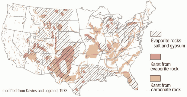 Map of areas in the U.S. with bedrock that is susceptible to dissolution in water. In these areas, underground cavities can form, and sinkholes may occur (U.S. Geological Survey)