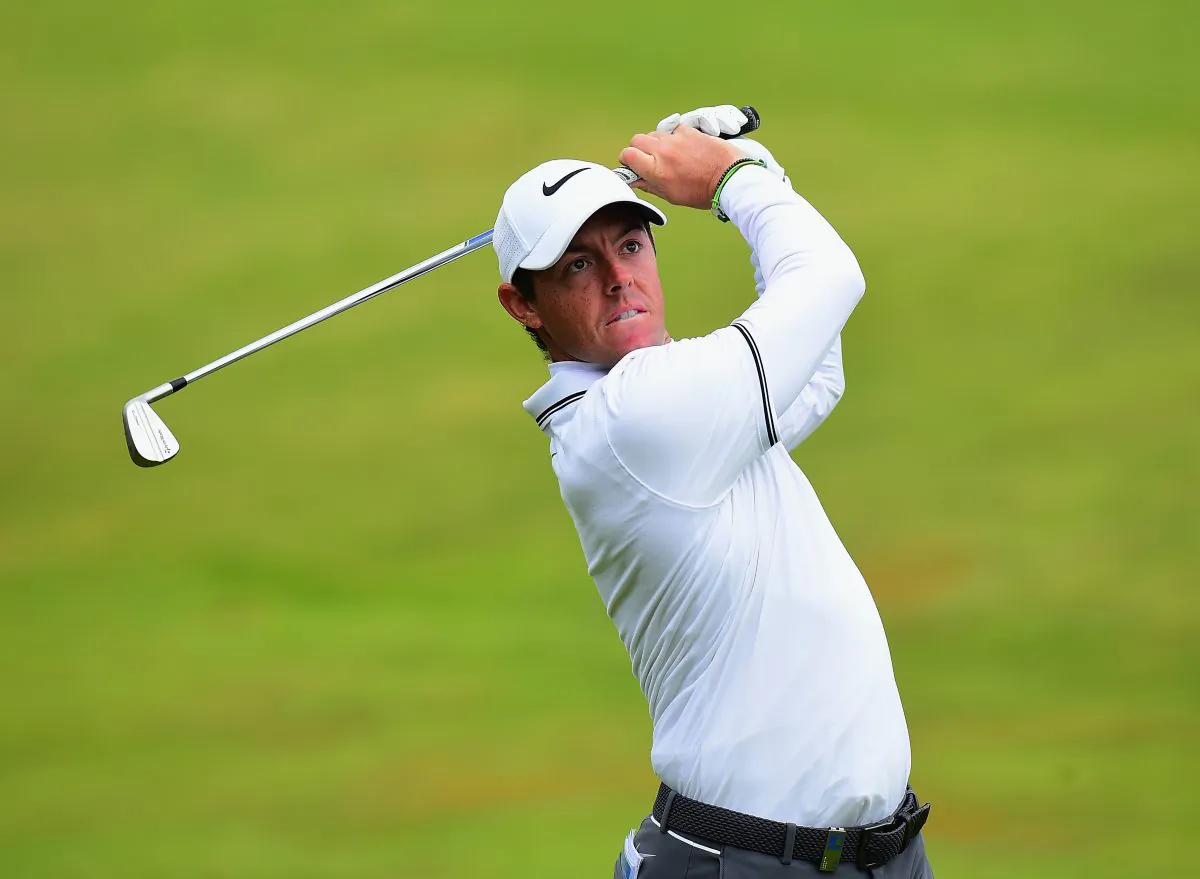 Rory McIlroy plays his second shot on the 16th fairway during Day 2 of the AAM Scottish Open at Dundonald Links Golf Course on July 14, 2017 in Troon, Scotland. (Tony Marshall/Getty Images)