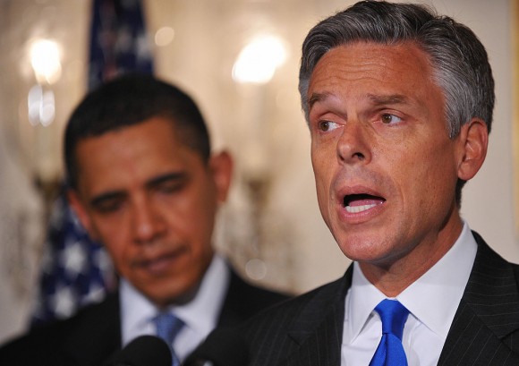 Utah Governor Jon Huntsman speaks as US President Barack Obama looks on in the Diplomatic Reception Room of the White House May 16, 2009 in Washington, DC. Obama nominated Huntsman as the next US ambassador to China. (MANDEL NGAN/AFP/Getty Images)