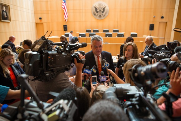Rep. Peter King (R-Seaford) speaks with media after a congressional hearing on MS-13 gang violence in Central Islip, Long Island, N.Y., on June 20, 2017. (Benjamin Chasteen/The Epoch Times)