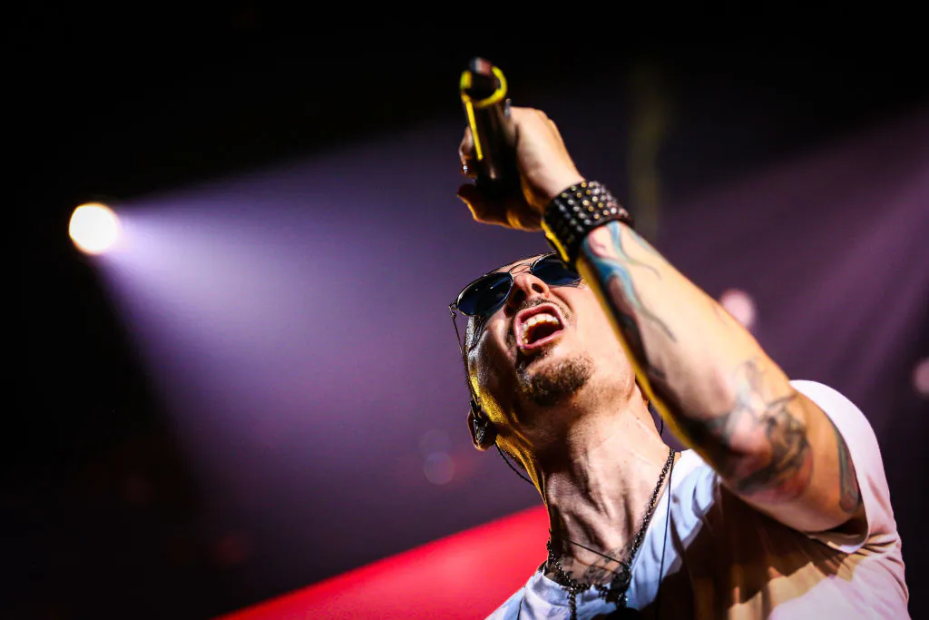 Chester Bennington of Linkin Park performs on stage at the iHeartRadio Album Release Party presented by State Farm at the iHeartRadio Theater Los Angeles on May 22, 2017 in Burbank, California.  (Photo by Rich Fury/Getty Images for iHeartMedia)