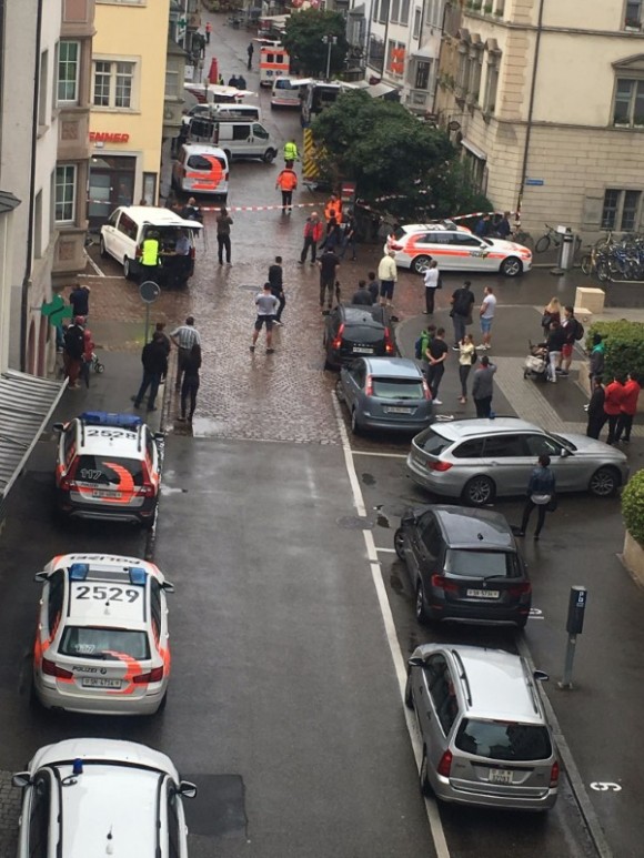 Picture shows a street cordoned off following an attack by an unidentified man in Schaffhausen, Switzerland July 24, 2017 in this picture obtained from social media. Sebastian Kummer via REUTERS