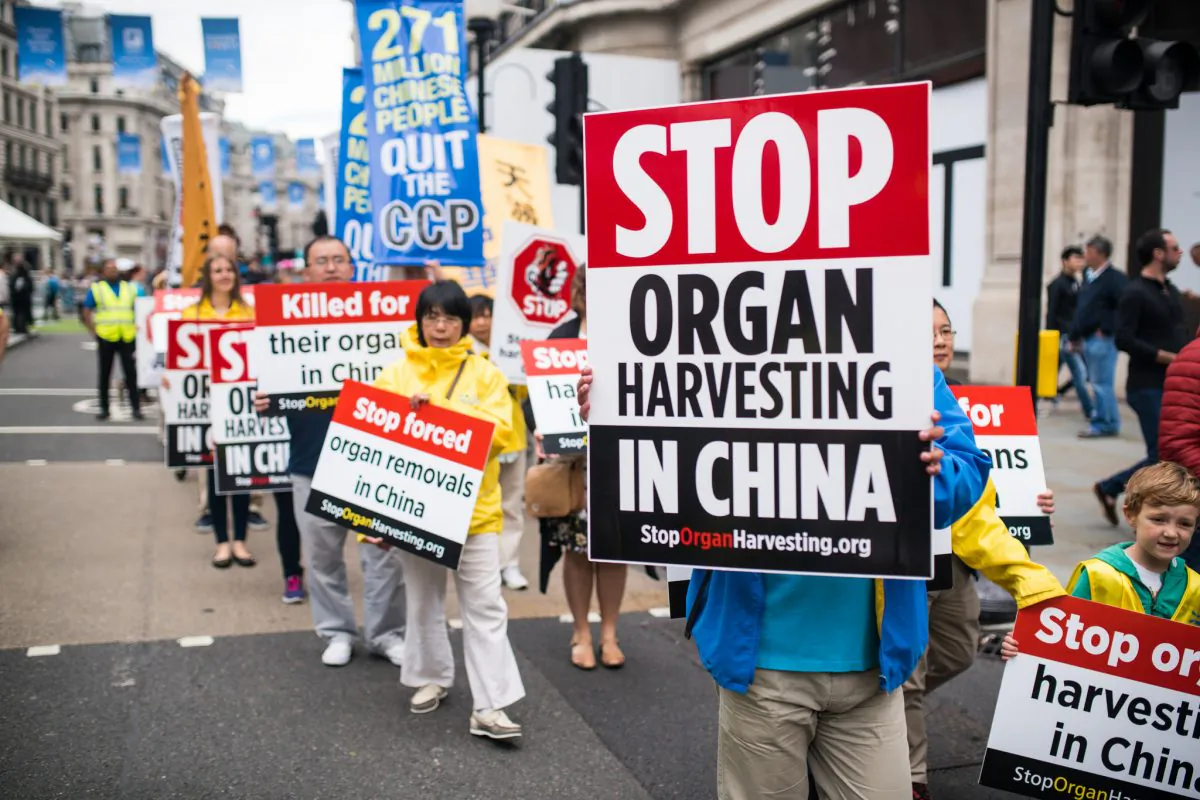 Peaceful protestors march through London calling for an end to the 18-year-long persecution of Falun Gong. (Yanning Qi/The Epoch Times)