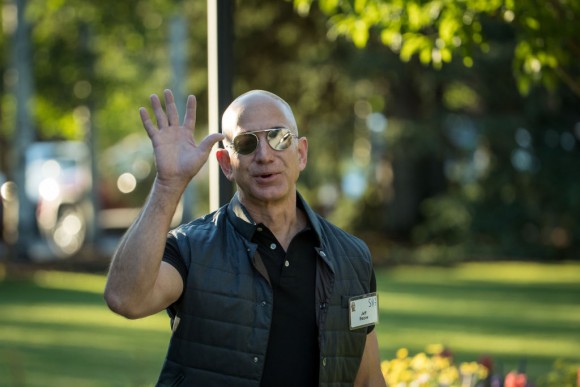 Jeff Bezos, chief executive officer of Amazon, arrives for the third day of the annual Allen & Company Sun Valley Conference, July 13, 2017 in Sun Valley, Idaho. (Drew Angerer/Getty Images)
