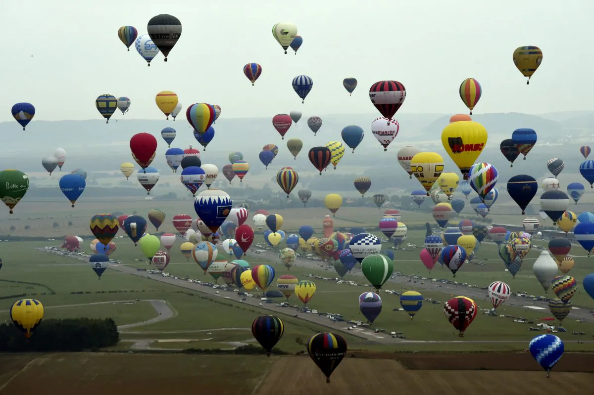 Hot-air balloons at the Mondial Air Ballons event at Chambley-Bussieres airbase, France, on July 28, 2017. (Alexandre Marchi/AFP/Getty Images)