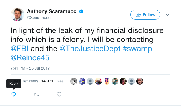 Screenshot of deleted tweet by White House Communications Director Anthony Scaramucci. (Screenshot via Internet Archive)