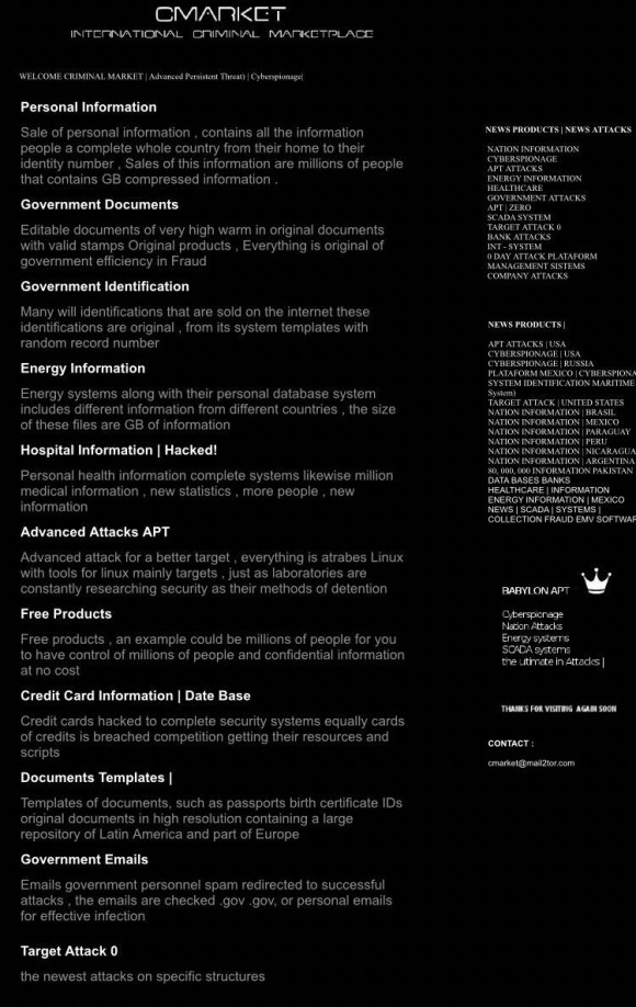 A screenshot of the current CMarket website's main products page. (Screenshot Courtesy of BLACKOPS Cyber)