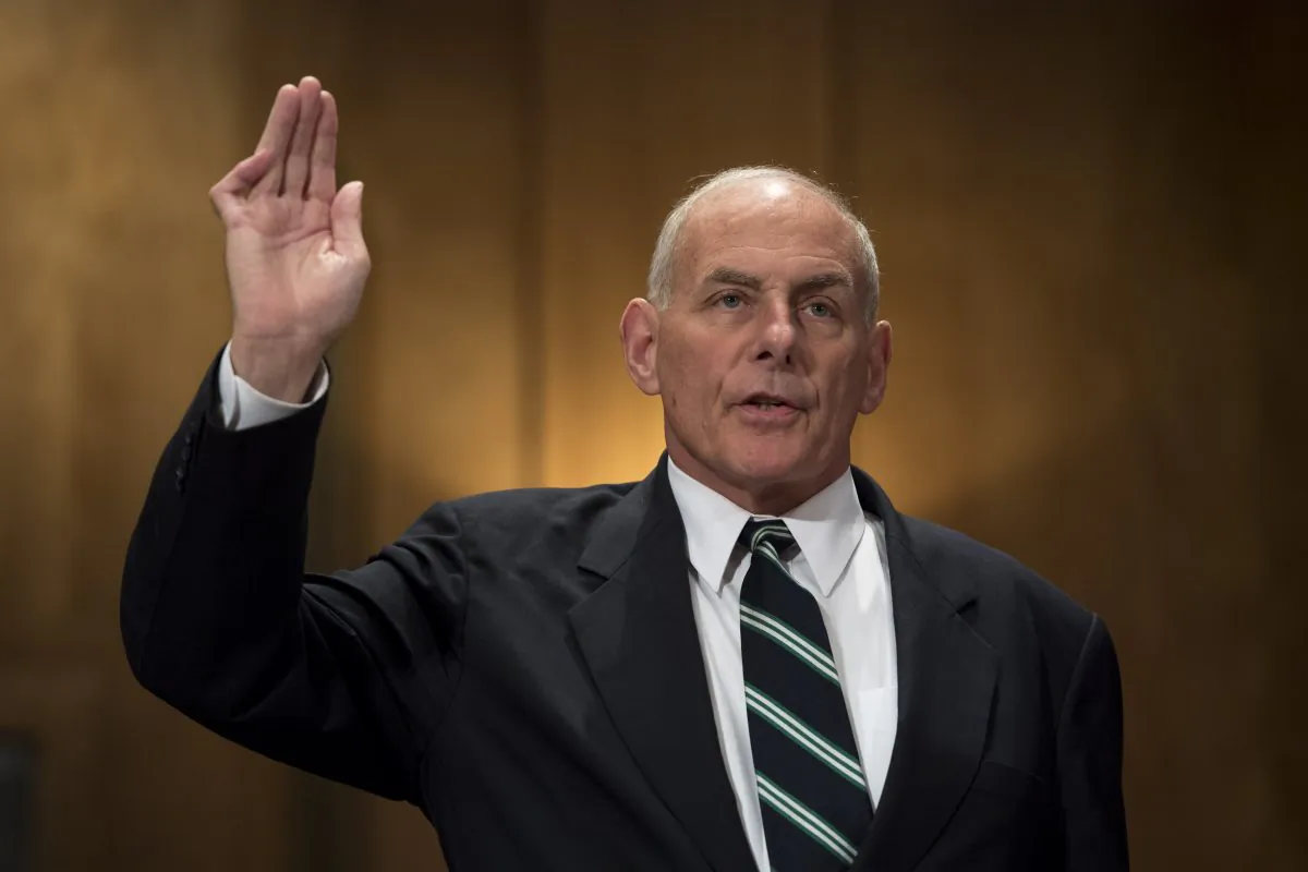 US Secretary of Homeland Security John Kelly is sworn in prior to testifying during a Senate Homeland Security and Governmental Affairs Committee hearing on Capitol Hill in Washington, DC, June 6, 2017. / AFP PHOTO / SAUL LOEB        (Photo credit should read SAUL LOEB/AFP/Getty Images)