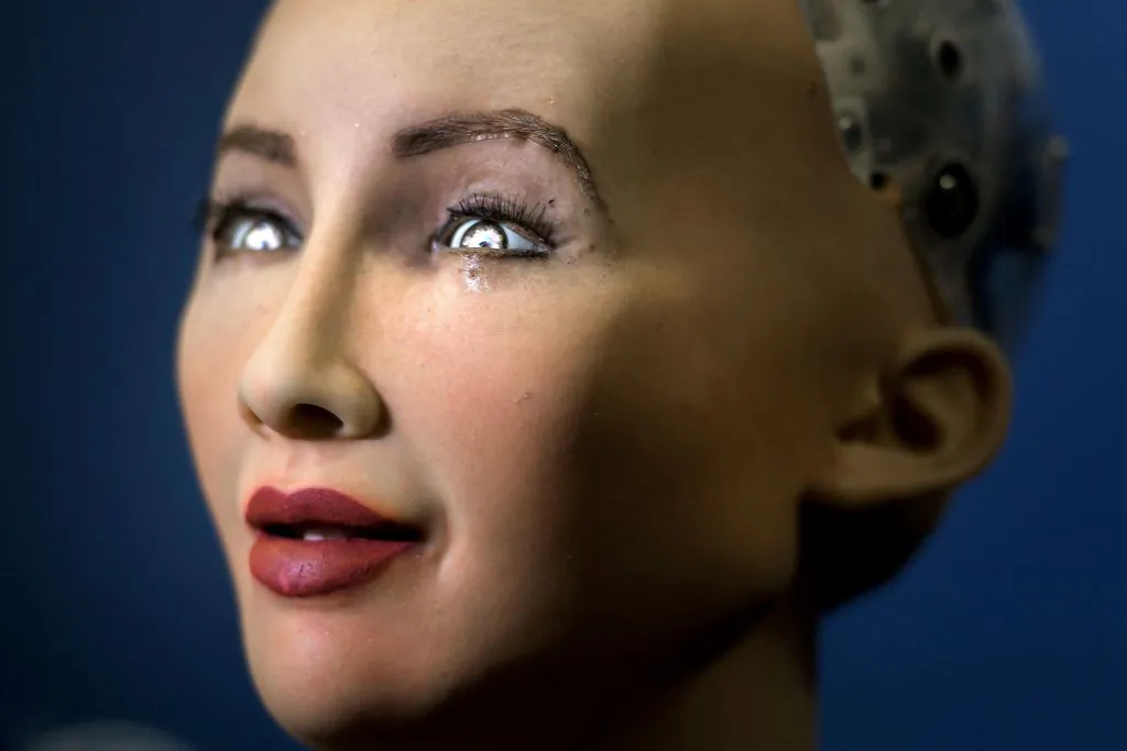 "Sophia" an artificially intelligent human-like robot in Geneva, on June 7, 2017.
(Fabrice Coffrini/AFP/Getty Images)