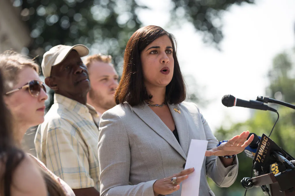 Nicole Malliotakis, Republican New York City mayoral candidate, holds up a letter demanding information about Mayor Bill De Blasio's foreign travel while speaking during a press conference outside City Hall, in New York City on July 19, 2017. (Drew Angerer/Getty Images)
