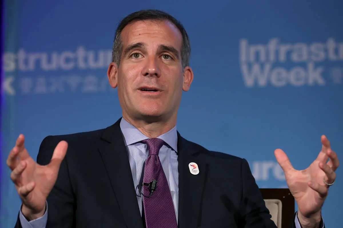Los Angeles Mayor Eric Garcetti participates in a panel discussion during the U.S. Chamber of Commerce's 'Infrastructure Week' program in Washington, DC, on May 15, 2017.
 (Chip Somodevilla/Getty Images)