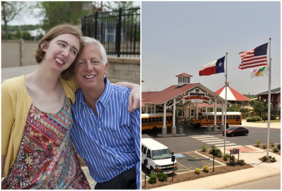L: Gordon Hartman with his daughter Morgan; R: Entrance of the Morgan's Wonderland theme park. (Morgan's Wonderland)
