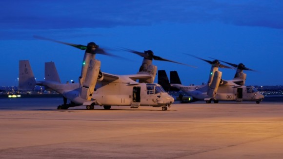 Two U.S. Marines MV-22 Osprey Aircraft sit on the apron of Sydney International Airport in Australia, June 29, 2017. (Reuters/Jason Reed)