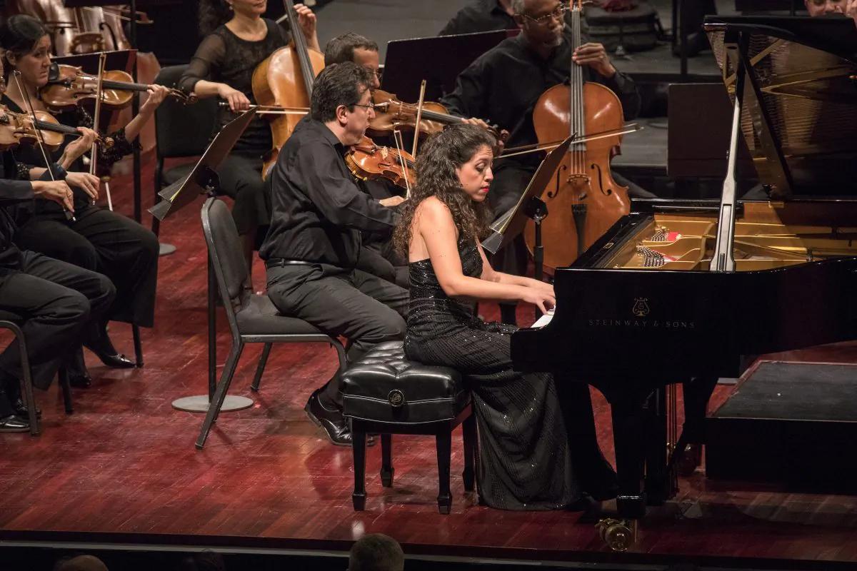 Beatrice Rana playing Bach's Partita No. 2 in C minor with the Mostly Mozart Festival Orchestra on Aug. 4. (Richard Termine)