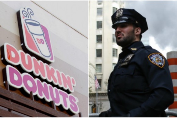 Dunkin' Donuts logo. (Tommaso Boddi/Getty Images) NYPD officer, not related to story. (KENA BETANCUR/AFP/Getty Images)