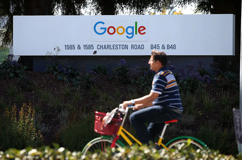 The Google logo on a sign outside of the Google headquarters on Sept. 2, 2015 in Mountain View, California.  (Justin Sullivan/Getty Images)