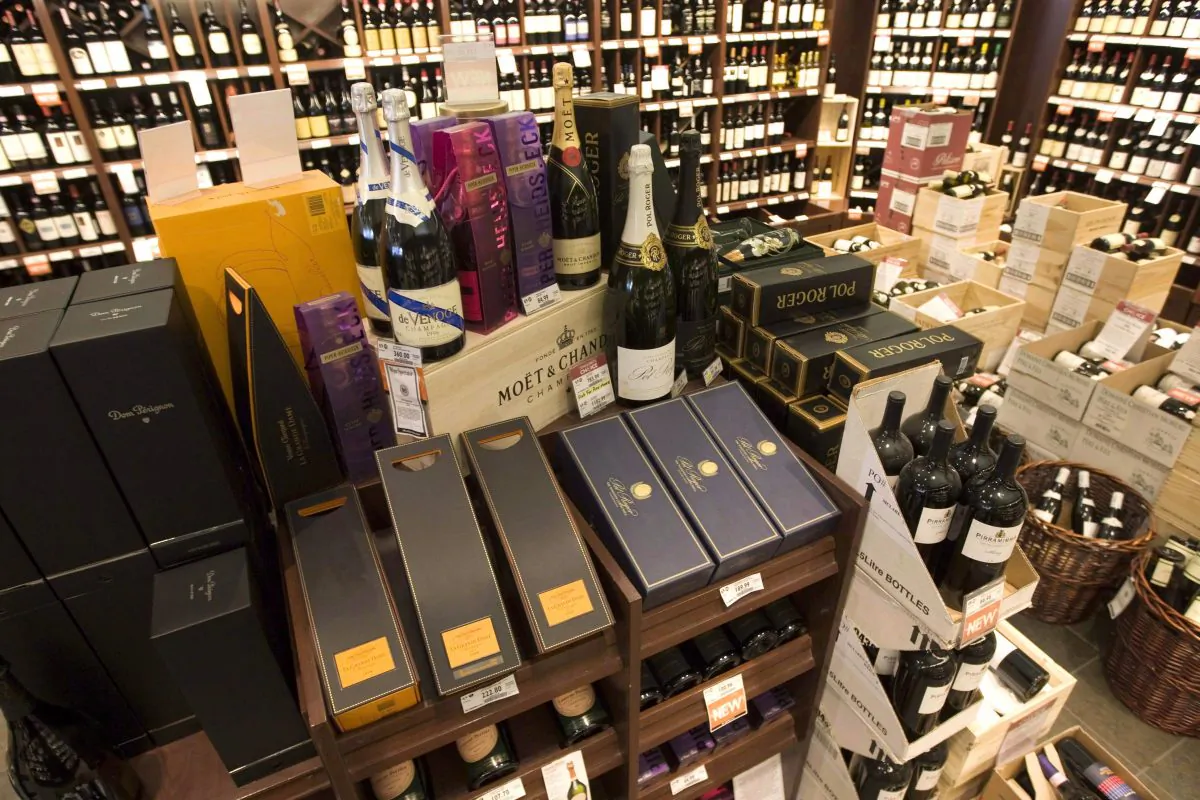 High-end wine and sparkling wine on display at a liquor store in Vancouver. (The Canadian Press/Jonathan Hayward)