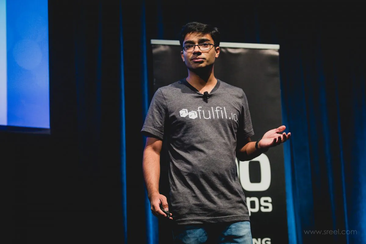Sharoon Thomas, CEO of fulfil.io, makes a presentation at 500 Startups in Mountain View, California in February. He moved his company to Toronto in May after successfully applying through Canada’s startup visa program. (500 Startups)