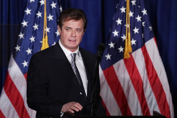 Paul Manafort, advisor to Republican presidential candidate Donald Trump's campaign, checks the teleprompters before Trump's speech at the Mayflower Hotel April 27, 2016 in Washington, DC. A real estate billionaire and reality television star, Trump beat his GOP challengers by double digits in Tuesday's presidential primaries in Pennsylvania, Maryland, Deleware, Rhode Island and Connecticut. "I consider myself the presumptive nominee, absolutely," Trump told supporters at the Trump Tower following yesterday's wins. (Chip Somodevilla/Getty Images)
