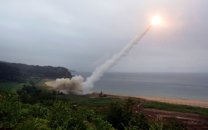 In this handout photo released by the South Korean Defense Ministry, U.S. Army Tactical Missile System (ATACMS) firing a missile into the East Sea during a South Korea-U.S. joint missile drill aimed to counter North Korea's ICBM test on July 29, 2017 in East Coast, South Korea.  (South Korean Defense Ministry via Getty Images)