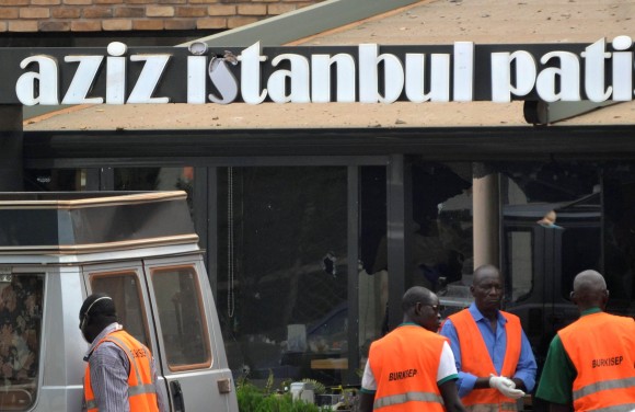 Medical agents stand outside the Aziz Istanbul restaurant after an overnight raid in Ouagadougou, Burkina Faso August 14, 2017. REUTERS/Bonaventure Pare