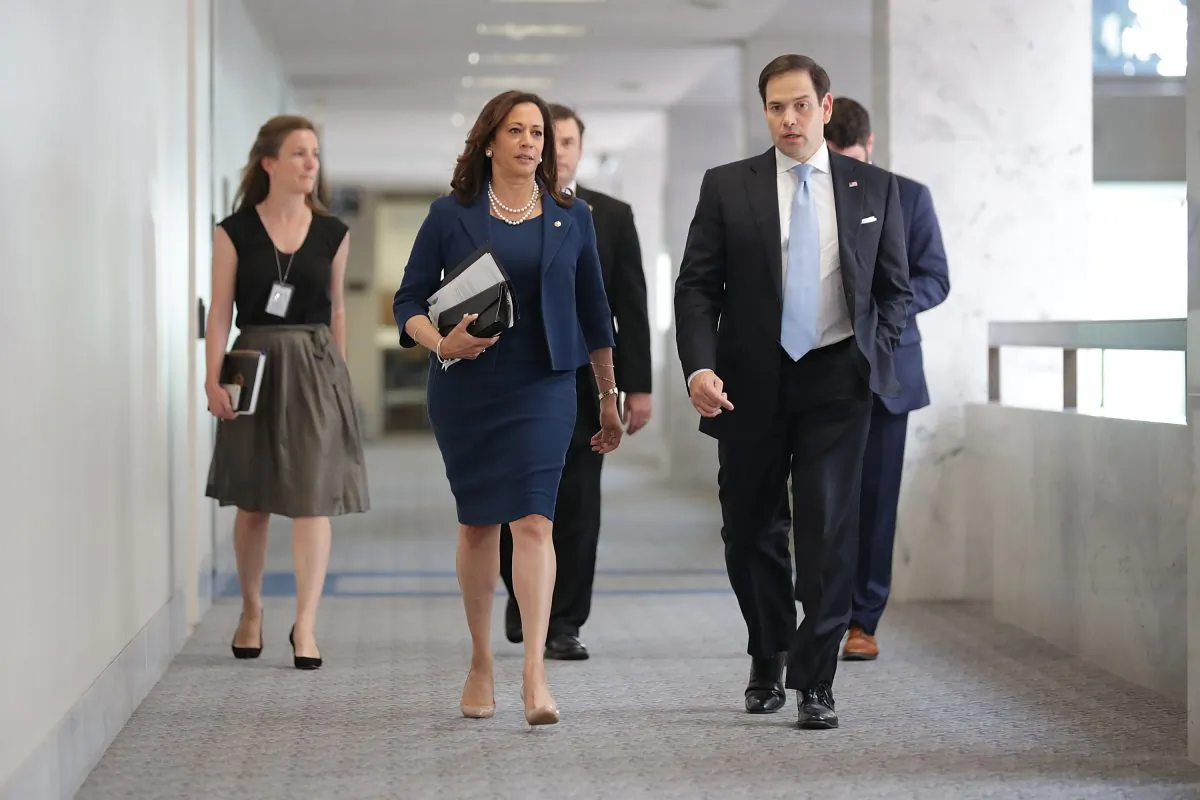WASHINGTON, DC - JULY 20: Senate Intellignece Committee members Sen. Kamala Harris (D-CA) (2nd L) and Sen. Marco Rubio (R-FL) arrive for a closed door session in the Hart Senate Office Building on Capitol Hill July 20, 2017 in Washington, DC. President Donald Trump's powerful son-in-law and White House adviser Jared Kushner is scheduled to will speak to the committee Monday. (Photo by Chip Somodevilla/Getty Images)