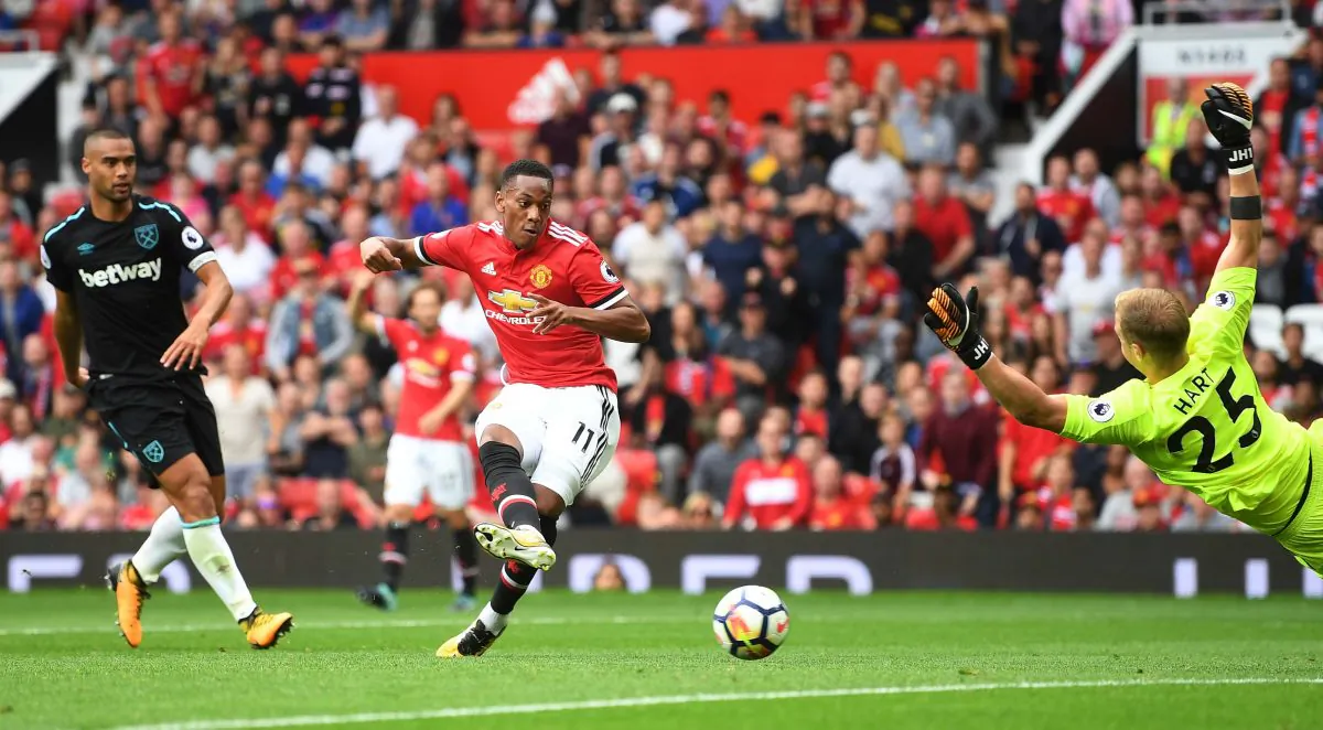 Anthony Martial of Manchester United scores his sides third goal past Joe Hart of West Ham United during their Premier League match at Old Trafford on August 13, 2017. (Michael Regan/Getty Images)