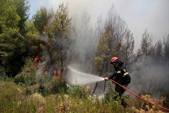 A firefighter tries to extinguish a wildfire burning near the village of Kalamos, north of Athens, Greece, August 14, 2017. (Reuters/Costas Baltas)