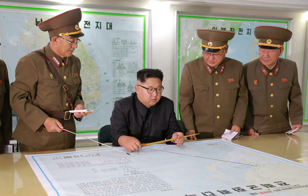 North Korean leader Kim Jong Un visits the Command of the Strategic Force of the Korean People's Army (KPA) in an unknown location in North Korea in this undated photo released by North Korea's Korean Central News Agency (KCNA) on August 15, 2017. (KCNA/via Reuters)