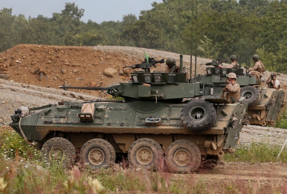 U.S. Marine Corps LAV-25 Light Armoured Vehicles take part in their joint exercise, named Northern Viper 17, with Japan Ground Self Defense Force at Hokudaien exercise area in Eniwa, on the northern island of Hokkaido, Japan, August 16, 2017. (Reuters/Toru Hanai)