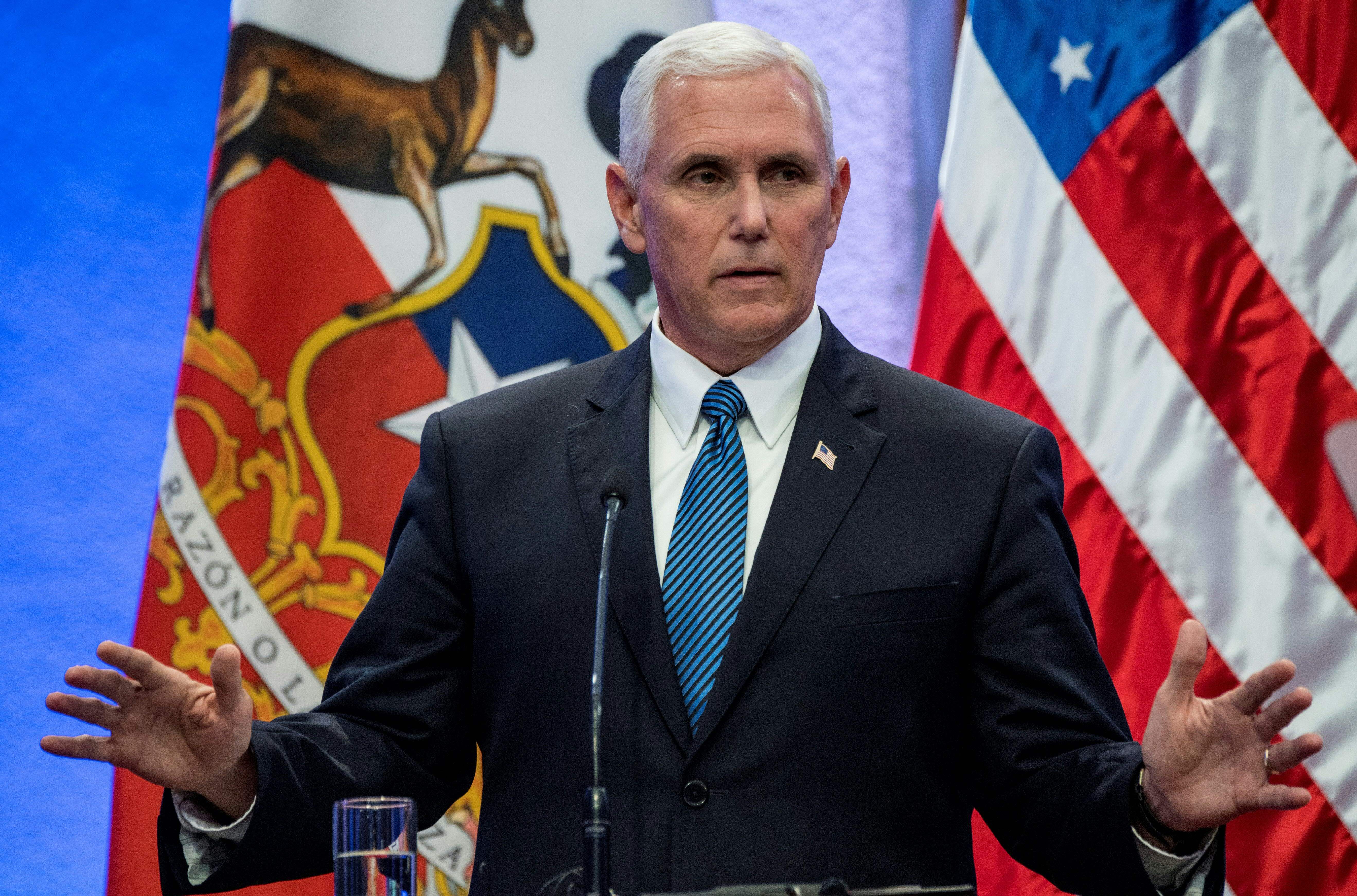 Vice President Mike Pence is pictured during a joint press conference with Chilean President Michelle Bachelet at La Moneda presidential palace in Santiago, on Aug. 16, 2017. (MARTIN BERNETTI/AFP/Getty Images)