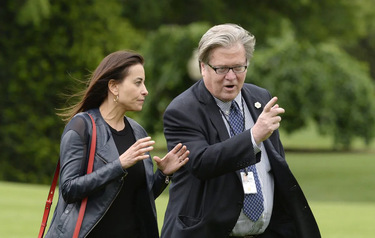 Deputy National Security adviser Dina Powell and White House Chief Strategist Steve Bannon at the White House in Washington, DC on May 13, 2017. (OLIVIER DOULIERY/AFP/Getty Images)