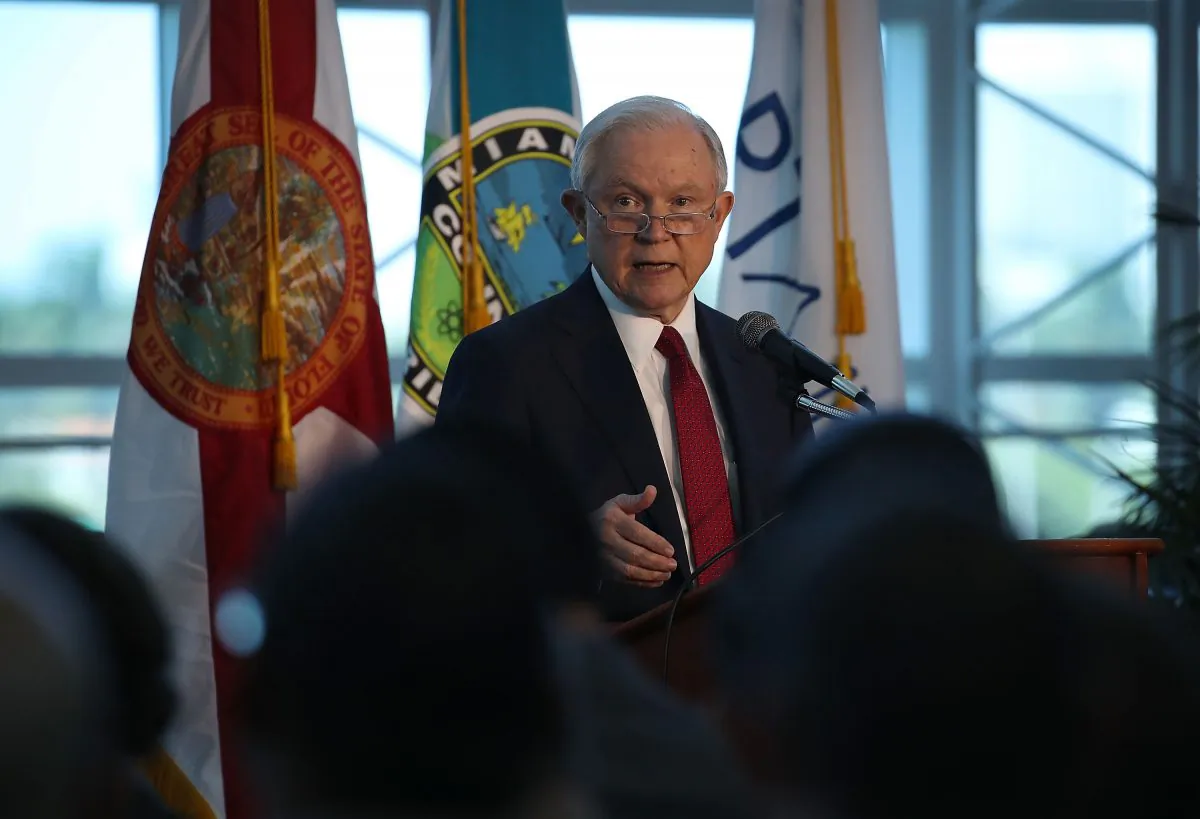 U.S. Attorney General Jeff Sessions says there is a growing trend of violent crime in sanctuary cities, in Miami, Fla., on August 16, 2017. (Joe Raedle/Getty Images)