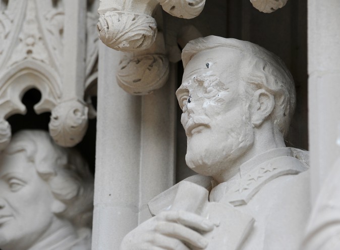 DURHAM, NC - AUGUST 17: A statue on the portal of Duke University Chapel bearing the likeness of Confederate General Robert E. Lee was vandalized on early August 17, 2017 in Durham, North Carolina. The statue is one of 10 historical figures adorning the exterior of the chapel; the group includes significant figures from the American South and the Protestant and Methodist traditions. (Photo by Sara D. Davis/Getty Images)