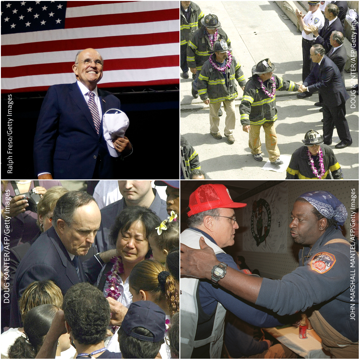 Rudy Giuliani arrives at a campaign rally for then-Republican presidential candidate Donald Trump on Aug. 31, 2016, in Phoenix, Arizona, and as New York City's Mayor, greeting New Yorkers and emergency service personnel near the site of the World Trade Center disaster in 2001. (Getty Images)