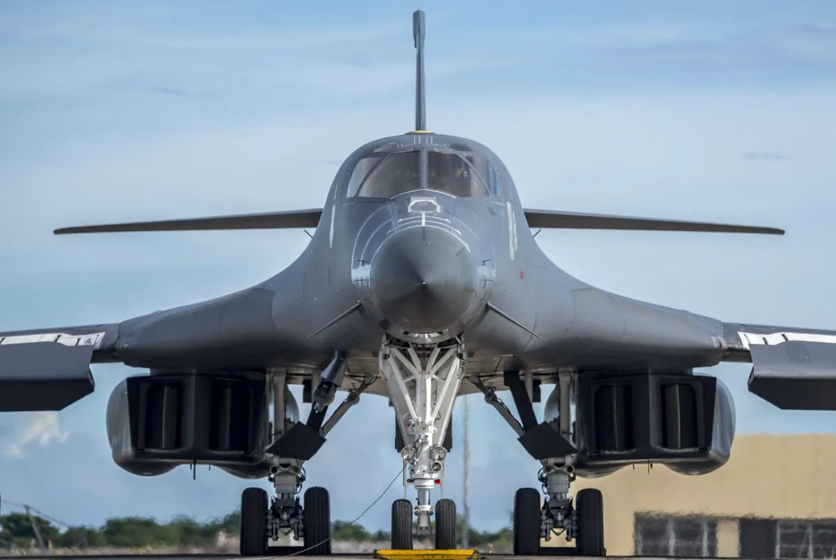 A U.S. Air Force B-1B Lancer assigned to the 37th Expeditionary Bomb Squadron, deployed from Ellsworth Air Force Base (AFB), S.D. to Andersen AFB, Guam, prepares to fly a bilateral mission with Japan Air Self-Defense Force F-15s in the vicinity of the Senkaku Islands, on Aug. 15, 2017. (U.S. Air Force photo/ Airman 1st Class Christopher Quail)


