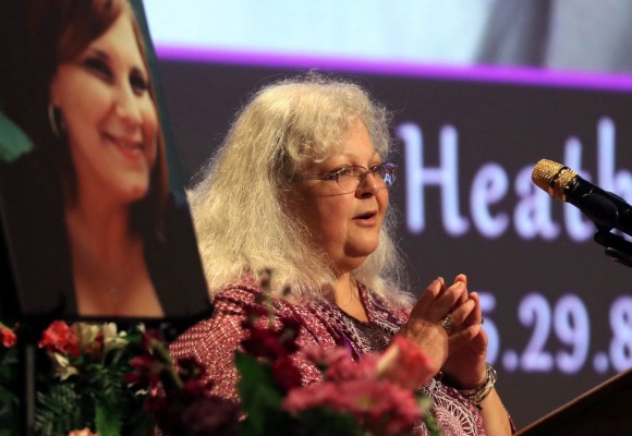 Susan Bro, mother to Heather Heyer, speaks during a memorial for her daughter at the Paramount Theater on August 16, 2017 in Charlottesville, Va. (Andrew Shurtleff-Pool/Getty Images)