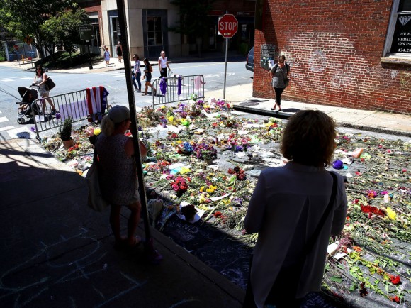 Flowers lay on the street where Heather Heyer was killed and 19 others injured when a car slammed into a crowd of people protesting against a white supremacist rally, August 18, 2017 in Charlottesville, Virginia. (Mark Wilson/Getty Images)