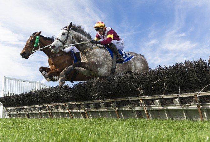 Martin Kelly riding Marilisa (R) and Arron Lynch riding Shez Eltraordinary jump the 2nd Last hurdle with before Arron Lynch won Race 2 City of Ballarat Maiden Hurdle during The Grand Nation Steeple Day in Ballarat, Australia, on Aug. 20, 2017. (Vince Caligiuri/Getty Images)